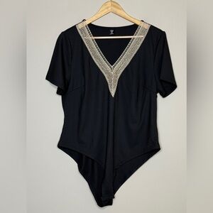 SHEIN Black Bodysuit with Cream Lace V-Neck